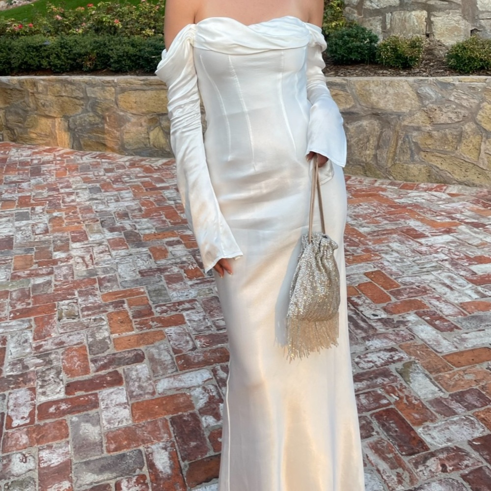 Meshki satin off the shoulder white gown